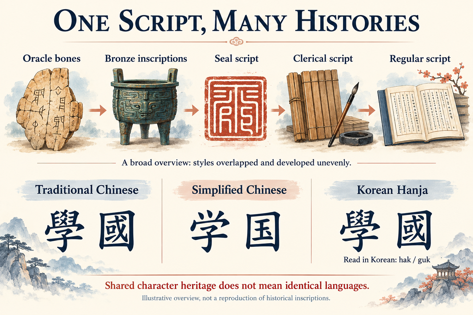 AI-generated overview of oracle bones, bronze inscriptions, seal, clerical and regular scripts, with traditional 學 國, simplified 学 国 and Korean Hanja 學 國.